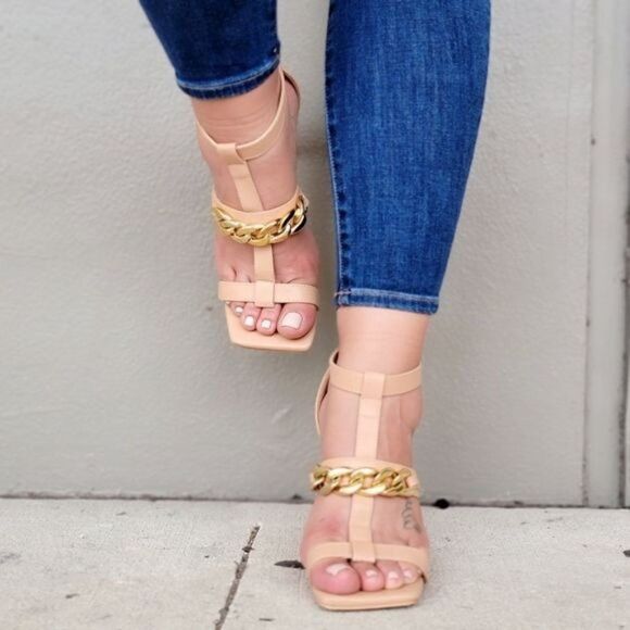 Women's Nude Gold Chain Chunky Heels - Picture 4 of 5